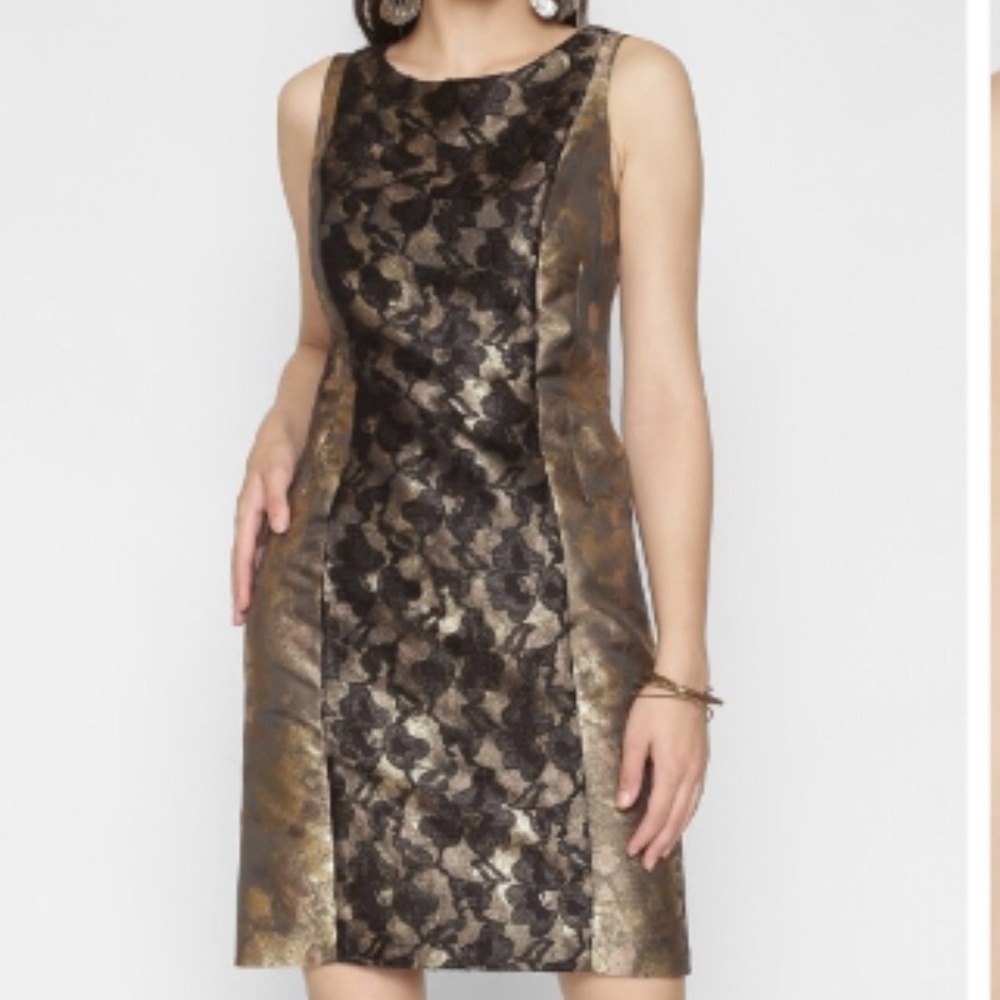 Donna Ricco New York Black & Gold Romantic Whimsy Goth Metallic Sheath Dress *4